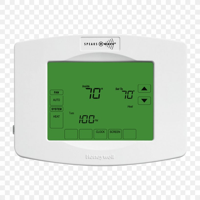 Programmable Thermostat Honeywell Z-Wave Honeywell ZWStat Z-Wave, PNG, 1000x1000px, Thermostat, Alarm Clock, Automation, Electronics, Heater Download Free