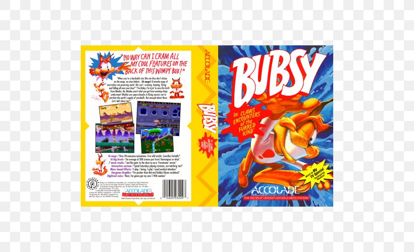 Bubsy In Claws Encounters Of The Furred Kind Bubsy 2 Bubsy: The Woolies Strike Back Super Nintendo Entertainment System Mega Drive, PNG, 500x500px, Bubsy 2, Accolade, Bobcat, Breakfast Cereal, Bubsy Download Free
