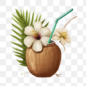 Cartoon Coconut - Illustration Of A Tropical Coconut Drink With Flower Decoration PNG