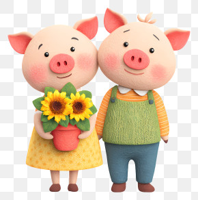 Pig Couple With Sunflower Pot - Cute Pig Couple With Sunflowers PNG
