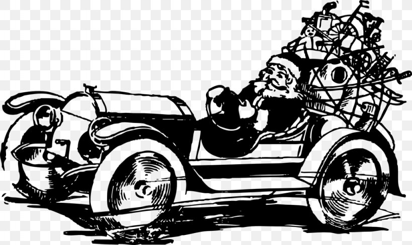 Santa Claus Car Driving Clip Art, PNG, 1024x610px, Santa Claus, Antique Car, Auto Mechanic, Automotive Design, Black And White Download Free