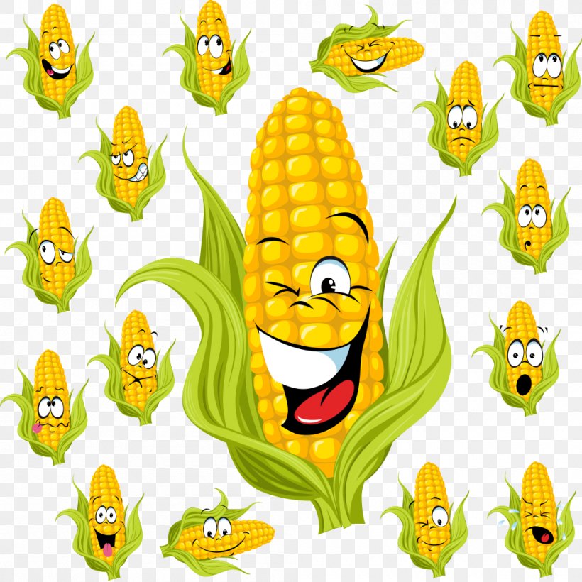 Corn On The Cob Maize Sweet Corn Illustration, PNG, 1000x1000px, Corn On The Cob, Cartoon, Field Corn, Flower, Flowering Plant Download Free