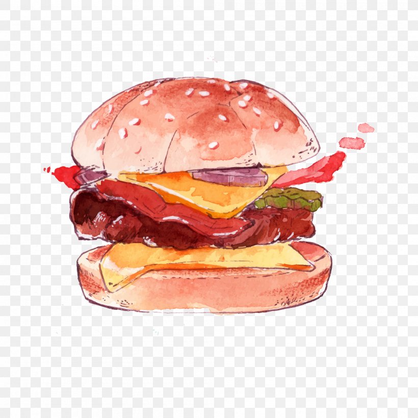 Hamburger Watercolor Painting Clip Art Drawing, PNG, 2000x2000px, Hamburger, American Cheese, American Food, Appetizer, Bacon Sandwich Download Free
