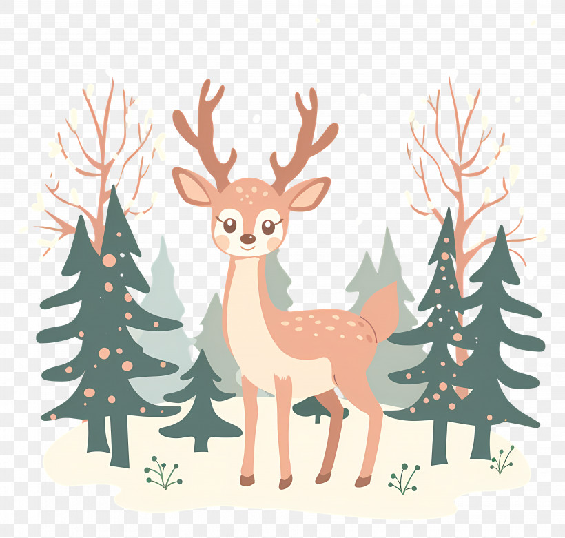 Christmas Deer - Cute Cartoon Deer In A Forest Scene PNG