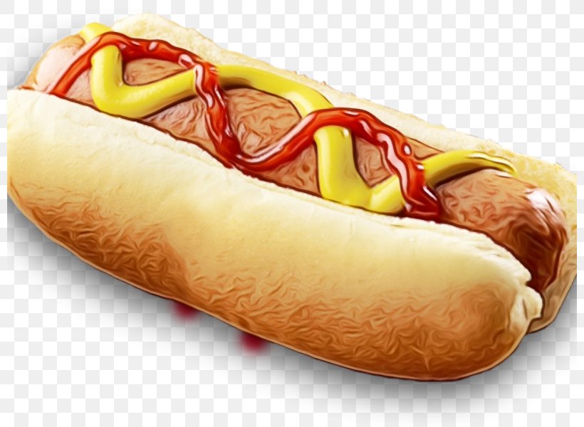 Fast Food Food Hot Dog Bun Hot Dog Sausage Bun, PNG, 800x600px, Watercolor, Bockwurst, Chili Dog, Dodger Dog, Fast Food Download Free