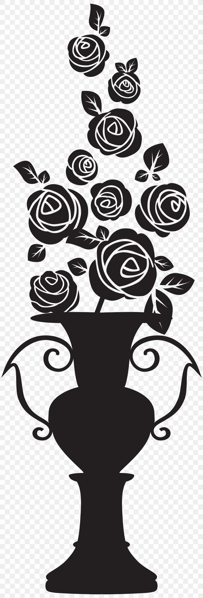 Silhouette Rose Vase Drawing Clip Art, PNG, 2712x8000px, Silhouette, Art, Black And White, Drawing, Flower Download Free