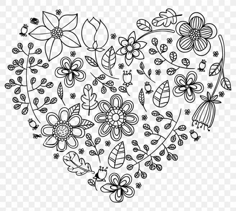 Flower Heart Floral Design Clip Art, PNG, 1000x893px, Flower, Area, Black And White, Color, Drawing Download Free