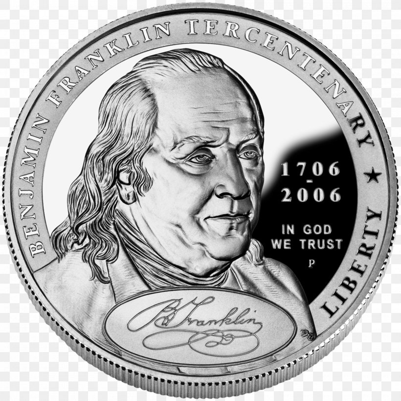 Dollar Coin Commemorative Coin Franklin Half Dollar, PNG, 2000x2000px, Dollar Coin, American Silver Eagle, Benjamin Franklin, Black And White, Cash Download Free