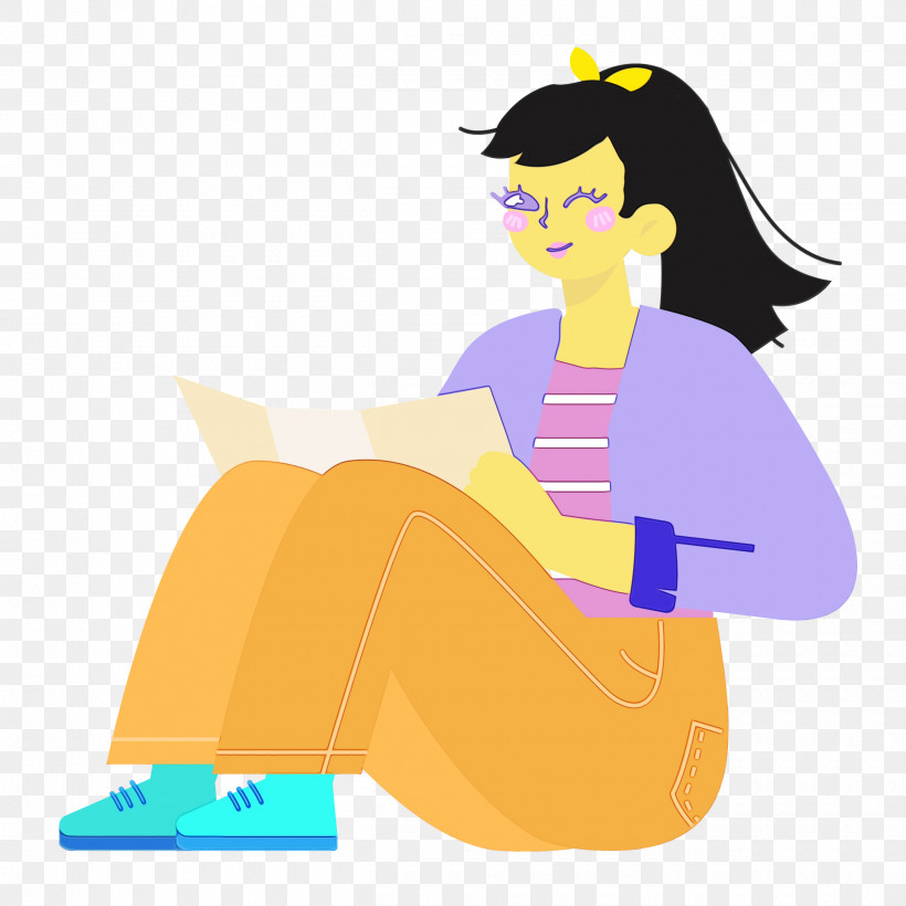 Cartoon Character Yellow Sitting, PNG, 2500x2500px, Sitting, Cartoon, Character, Happiness, Hm Download Free