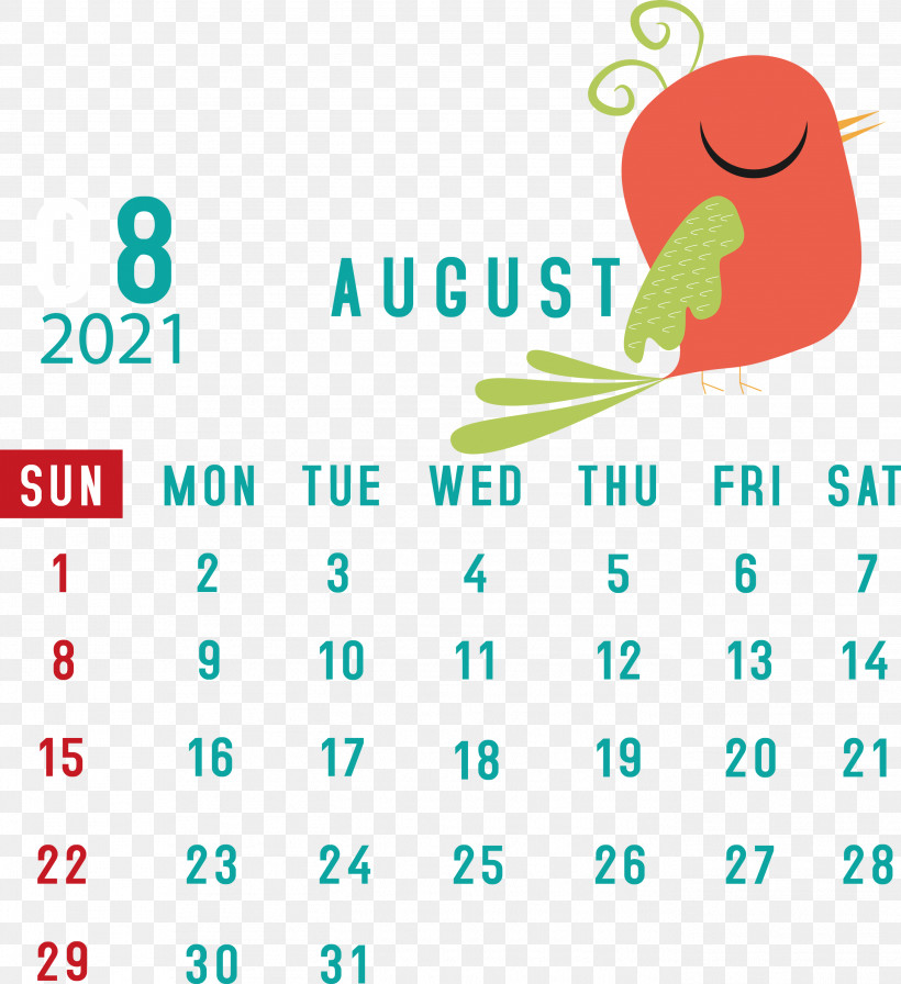August 2021 Calendar August Calendar 2021 Calendar, PNG, 2743x3000px, 2021 Calendar, Beak, Calendar System, Green, Line Download Free