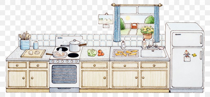 Kitchen Refrigerator Home Appliance Cartoon Illustration, PNG, 2201x1021px, Kitchen, Art, Cartoon, Cupboard, Furniture Download Free
