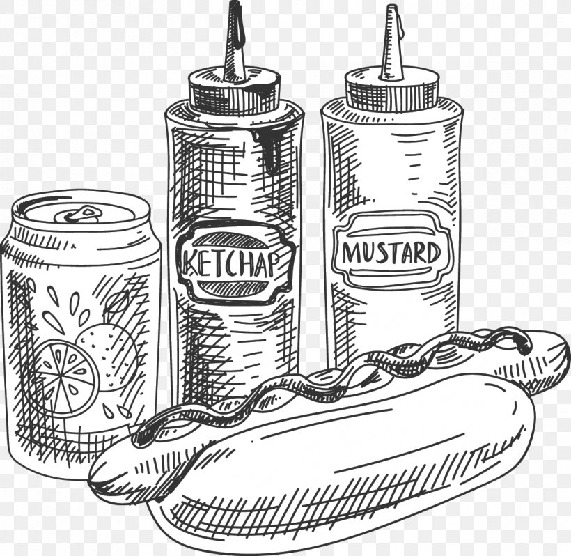 Hot Dog Hamburger Fast Food, PNG, 1193x1162px, Hot Dog, Artwork, Black And White, Condiment, Drawing Download Free