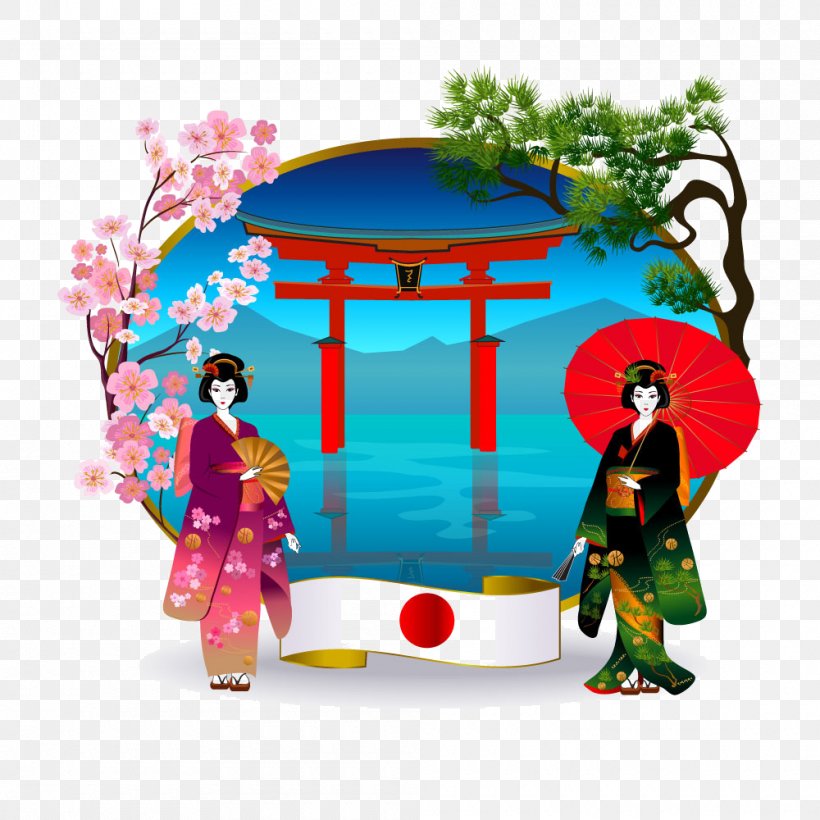 Japan Kimono Geisha Illustration, PNG, 1000x1000px, Japan, Art, Cherry Blossom, Furisode, Geisha Download Free