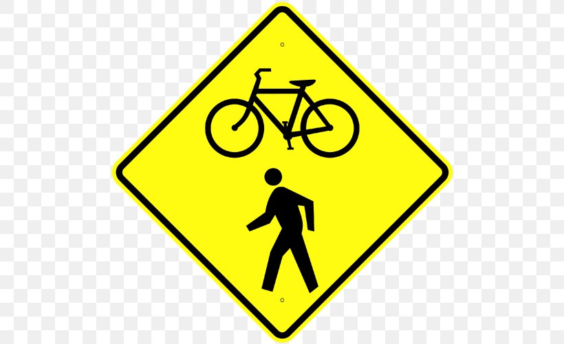 Traffic Sign Bicycle Pedestrian Crossing Segregated Cycle Facilities Warning Sign, PNG, 500x500px, Traffic Sign, Area, Bicycle, Bicycle Safety, Brand Download Free