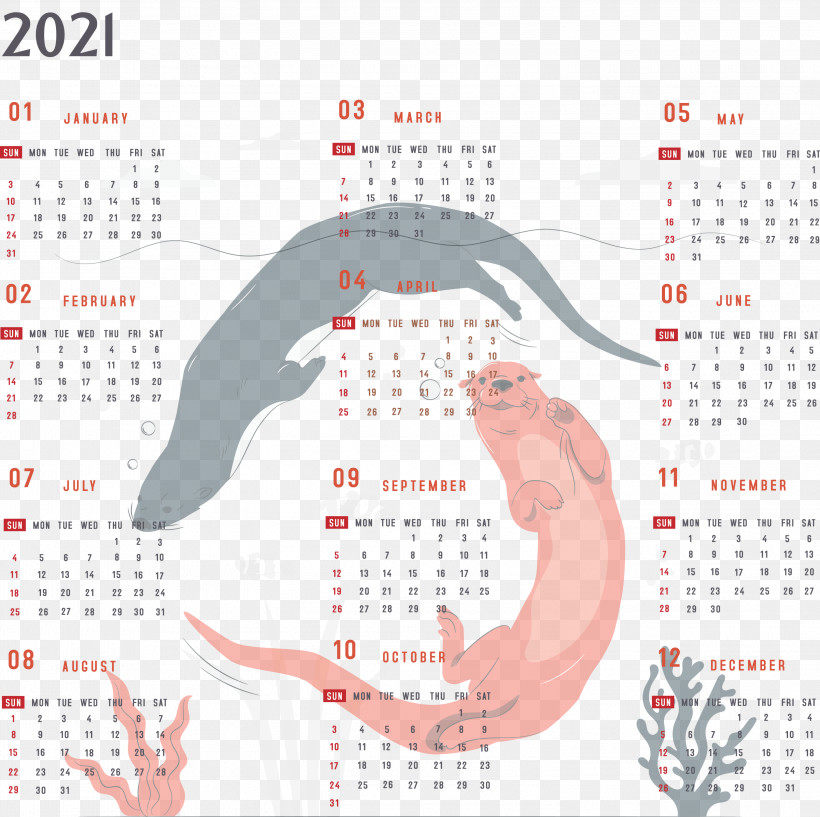 Year 2021 Calendar Printable 2021 Yearly Calendar 2021 Full Year Calendar, PNG, 3000x2992px, 2021 Calendar, Year 2021 Calendar, Drawing, Otters, Vector Download Free