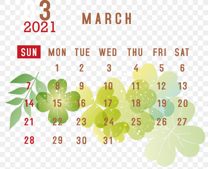 March 2021 Printable Calendar March 2021 Calendar 2021 Calendar, PNG, 3000x2442px, 2021 Calendar, March 2021 Printable Calendar, Biology, Flower, Green Download Free