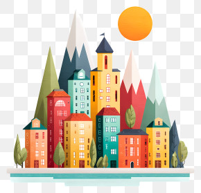 City In Mountains - Colorful Town With Sun PNG