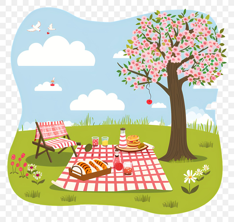 Springtime Picnic - Spring Picnic With Blossom Tree And Food PNG