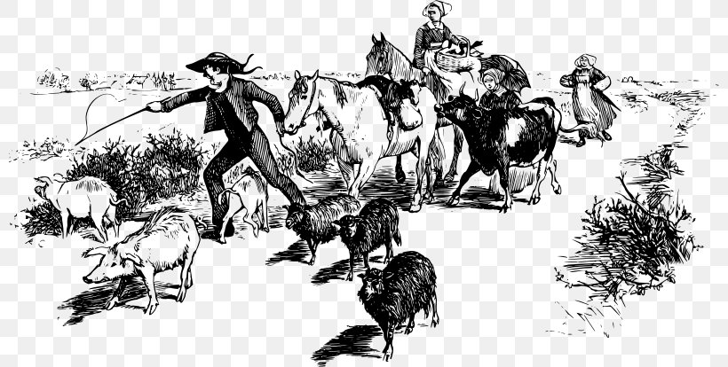 Horse Sheep Cattle Livestock Clip Art, PNG, 800x414px, Horse, Art, Black And White, Cart, Cattle Download Free