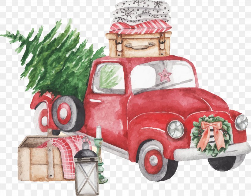 Watercolor Painting Santa Claus Christmas Day Car Christmas Tree, PNG, 3548x2777px, Watercolor Painting, Antique Car, Art, Car, Christmas And Holiday Season Download Free
