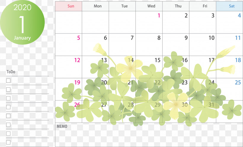 January 2020 Calendar January Calendar 2020 Calendar, PNG, 3000x1818px, 2020 Calendar, January 2020 Calendar, Flower, Green, January Calendar Download Free