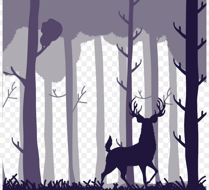 Trees And Deer Silhouette Forest, PNG, 800x745px, Deer, Antler, Cartoon, Dog Like Mammal, Forest Download Free