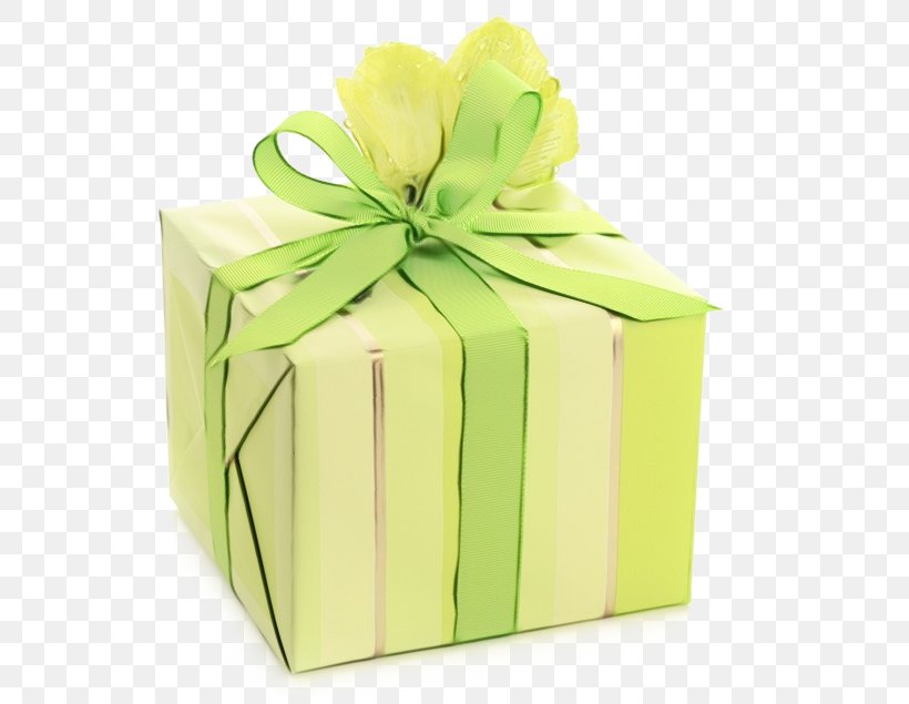 Present Green Gift Wrapping Ribbon Yellow, PNG, 600x635px, Watercolor, Box, Gift Wrapping, Green, Paint Download Free