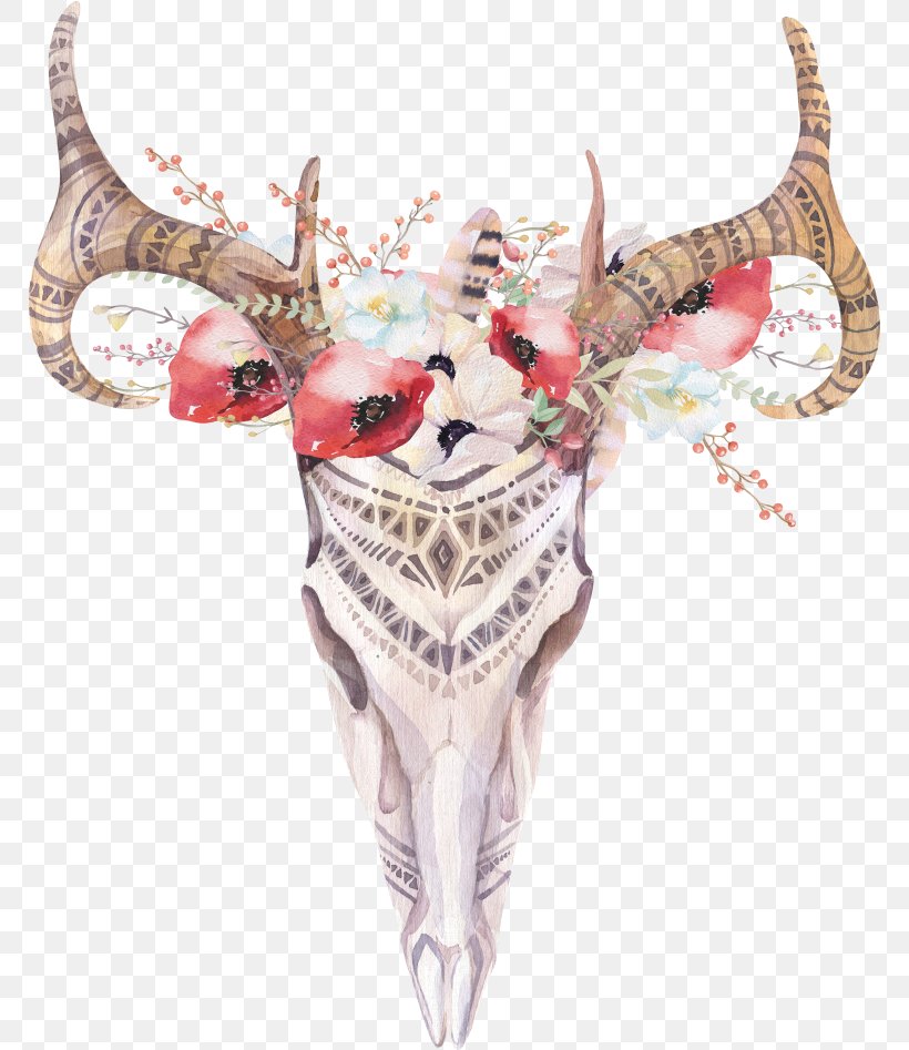 Stock Illustration Cattle Cow's Skull: Red, White, And Blue Watercolor Painting, PNG, 768x947px, Cattle, Antler, Art, Bohemianism, Bohochic Download Free