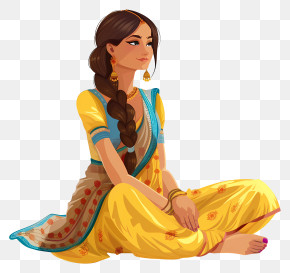 Indian Woman Cartoon - Woman In Traditional Yellow Dress Sitting PNG