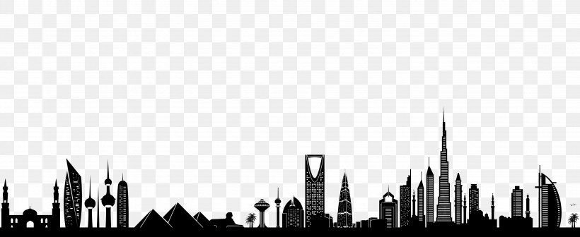 Advertising Middle East Skyline MENA Skyscraper, PNG, 3088x1266px, Advertising, Black And White, Building, City, Cityscape Download Free