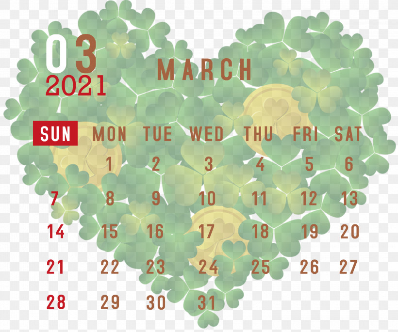 March 2021 Printable Calendar March 2021 Calendar 2021 Calendar, PNG, 3000x2509px, 2021 Calendar, March 2021 Printable Calendar, Clover, Coin, Irish People Download Free