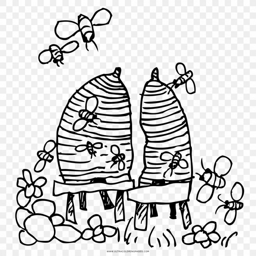 Beehive Black And White Drawing Coloring Book, PNG, 1000x1000px, Watercolor, Cartoon, Flower, Frame, Heart Download Free