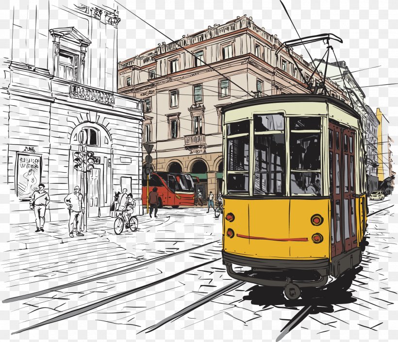 Trams In Lisbon Fashion Illustration, PNG, 1831x1576px, Tram, Art, Cable Car, Drawing, Fashion Download Free