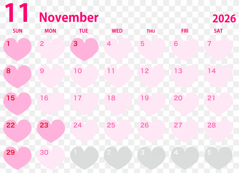 November 2026 Calendar HeartShaped November 2026 Calendar, PNG