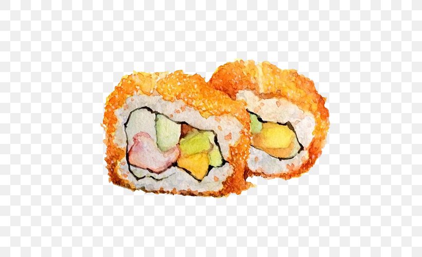 Sushi Gimbap Japanese Cuisine Makizushi Watercolor Painting, PNG, 500x500px, Sushi, Appetizer, Asian Food, California Roll, Chopsticks Download Free