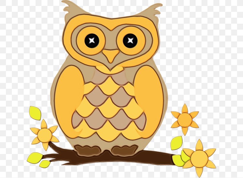 Owl Yellow Cartoon Clip Art Bird Of Prey, PNG, 640x601px, Watercolor, Bird, Bird Of Prey, Branch, Cartoon Download Free