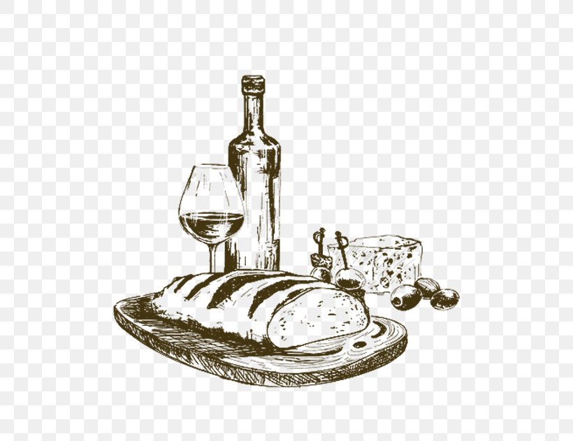White Wine French Cuisine Drawing, PNG, 544x631px, Wine, Barware, Black And White, Bottle, Bread Download Free