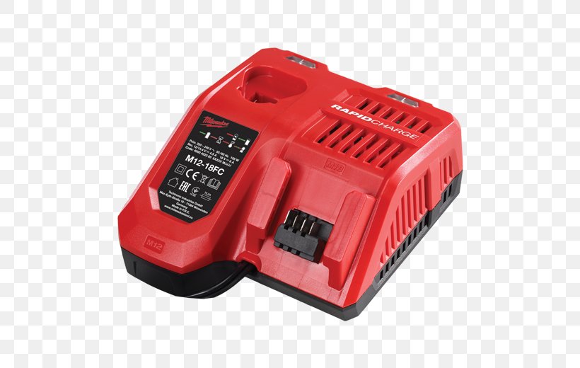 AC Adapter Milwaukee Electric Tool Corporation Lithium-ion Battery Milwaukee M12-18FC M12-M18 Rapid Charger Electric Battery, PNG, 520x520px, Ac Adapter, Battery Pack, Cordless, Electric Battery, Electric Potential Difference Download Free