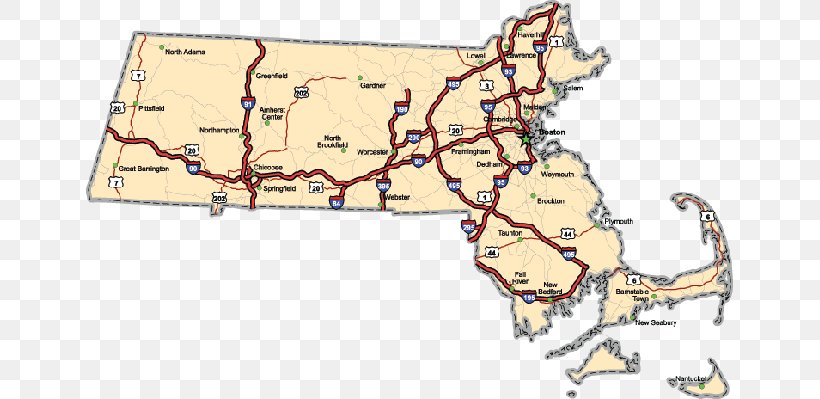Massachusetts Road Map Vector Graphics, PNG, 647x399px, Massachusetts, Area, Cartography, Highway, Land Lot Download Free