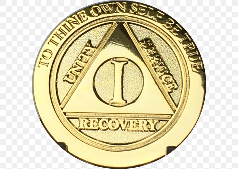 Gold Medal Alcoholics Anonymous Sobriety Coin Serenity Prayer, PNG, 600x582px, Gold, Addiction, Alcoholics Anonymous, Badge, Brand Download Free
