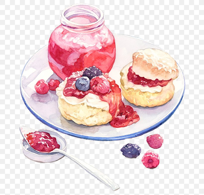 Food Watercolor Painting Sauce Dessert Illustration, PNG, 705x785px, Food, Aedmaasikas, Breakfast, Cake, Clotted Cream Download Free
