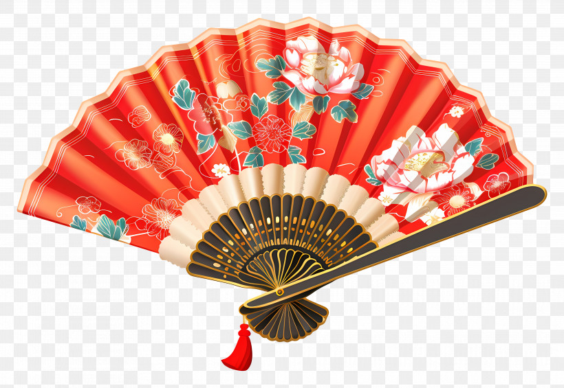 Hand Fan - Red Decorative Fan With Floral Motif PNG