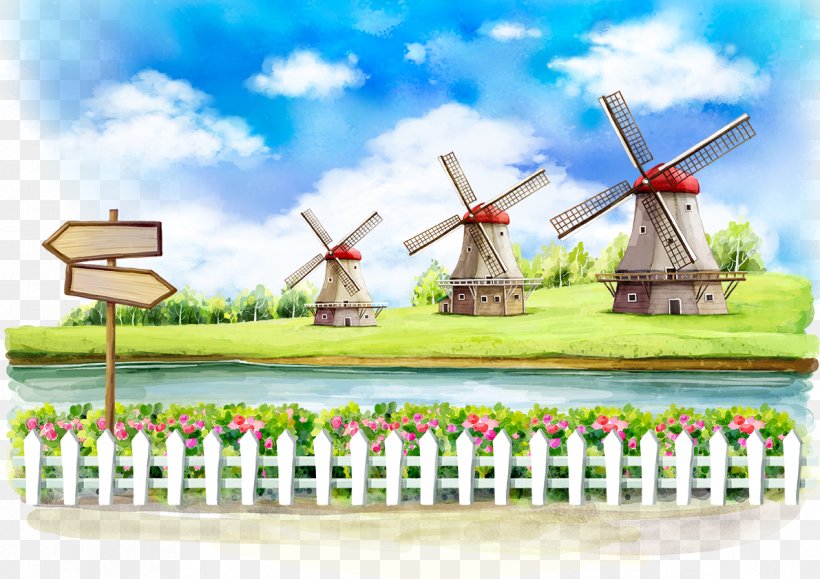 Windmill Cartoon Illustration, PNG, 1191x842px, Windmill, Cartoon, Energy, Grass, Shutterstock Download Free