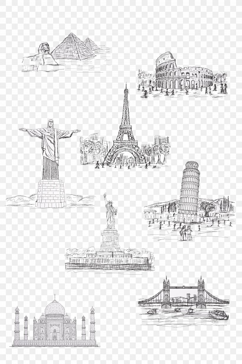 Statue Of Liberty Eiffel Tower Tourist Attraction, PNG, 4275x6433px, Statue Of Liberty, Architecture, Area, Black And White, Cartoon Download Free