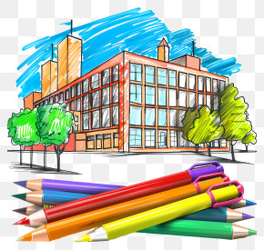 School - Colorful School Building Drawing PNG