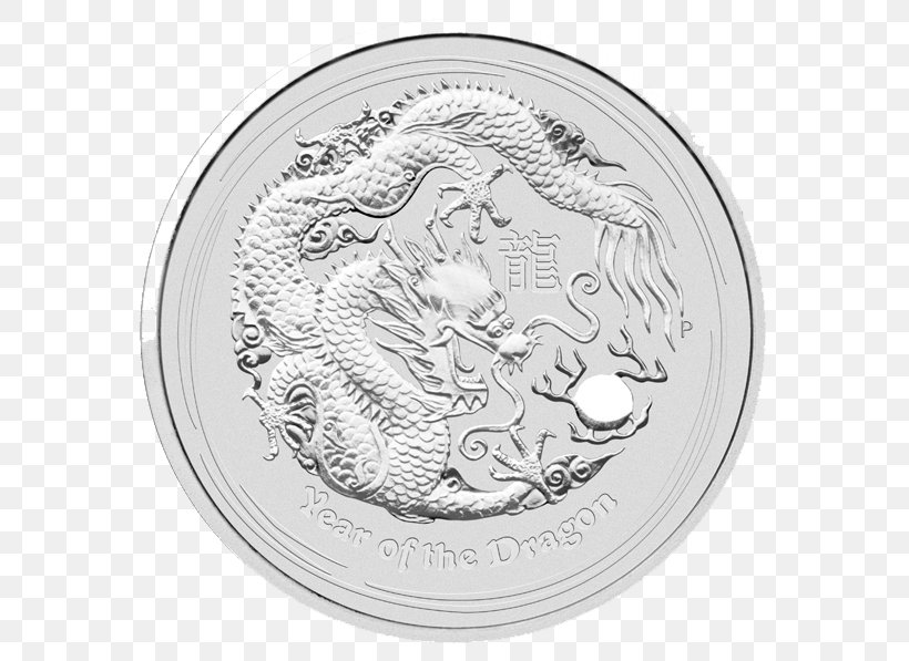 Perth Mint Silver Coin Silver Coin Dragon, PNG, 598x597px, Perth Mint, Australia, Australian Lunar, Australian Silver Kookaburra, Black And White Download Free