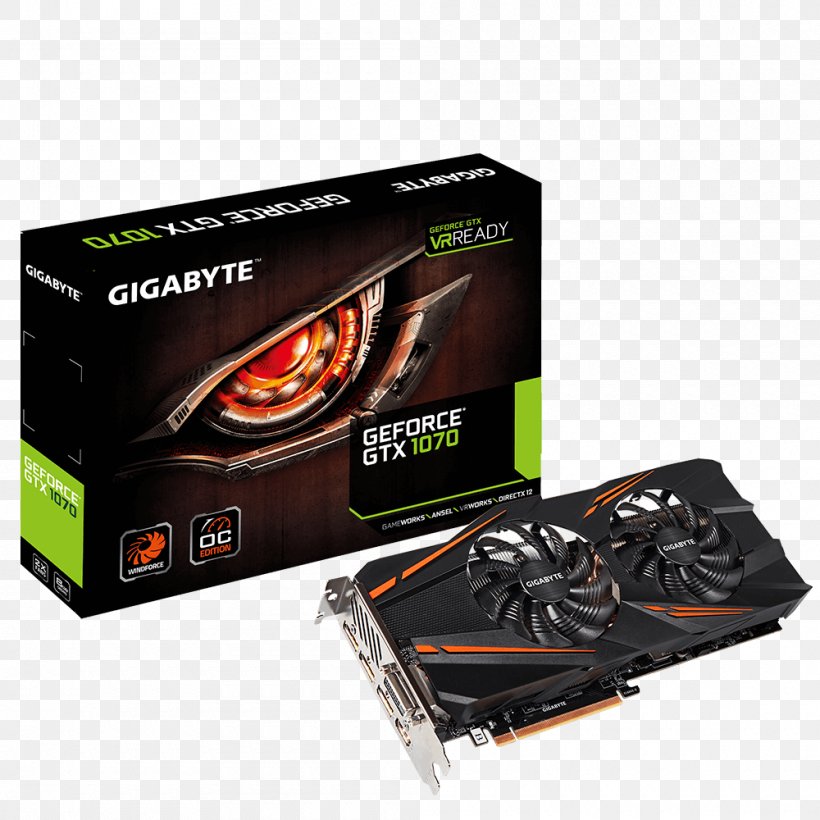 Graphics Cards & Video Adapters NVIDIA GeForce GTX 1070 Gigabyte Technology GDDR5 SDRAM, PNG, 1000x1000px, Graphics Cards Video Adapters, Computer Component, Computer Cooling, Electronic Device, Electronics Accessory Download Free