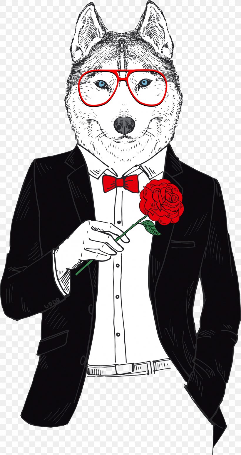 T-shirt Gray Wolf Tuxedo Sleeveless Shirt Animal, PNG, 1300x2451px, Dog, Art, Black And White, Cartoon, Eyewear Download Free