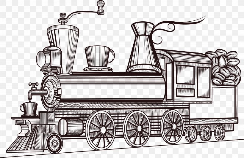 Coffee Cafe Train Poster Illustration, PNG, 4407x2867px, Coffee, Advertising, Black And White, Cafe, Coffee Bean Download Free