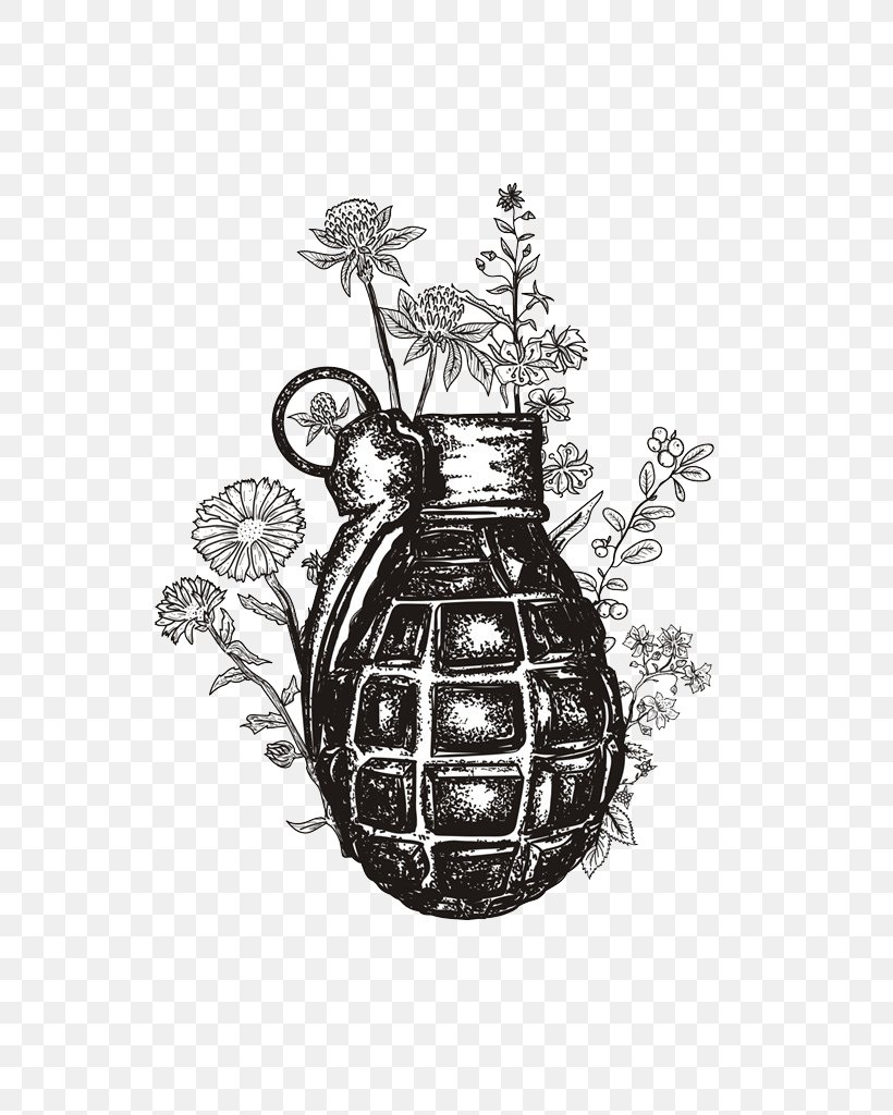 Grenade Tattoo Weapon Illustration, PNG, 721x1024px, Grenade, Black And White, Bomb, Explosion, Fragmentation Download Free